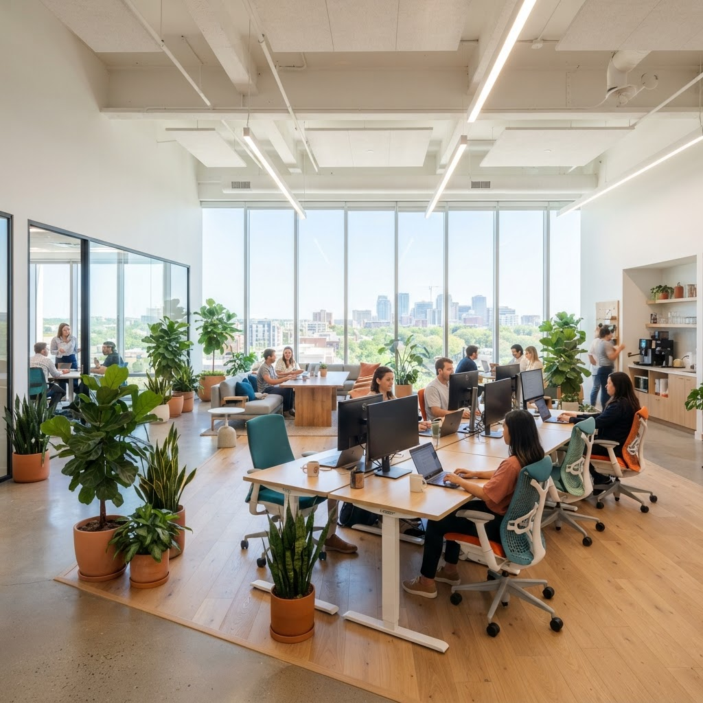 Bright modern open-plan office furnished with desks and ergonomic chairs